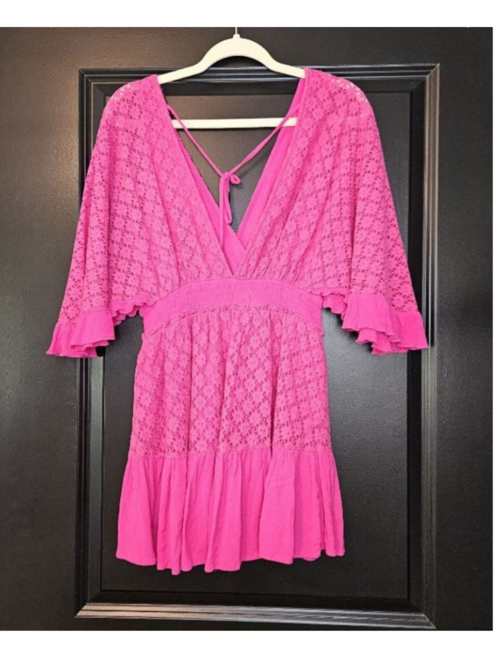 BiBi Boutique Eyelet Lacey Romper Magenta Pink Mini Dress S/M - Picture 6 of 7